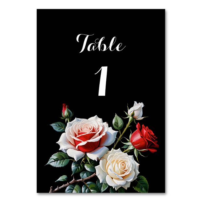 Mörk Söt rosa White röd ros blommigt bröllop Bordsnummer (Framsidan)