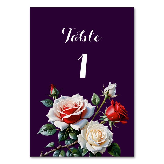 Mörk Söt rosa White röd ros blommigt bröllop Bordsnummer (Framsidan)