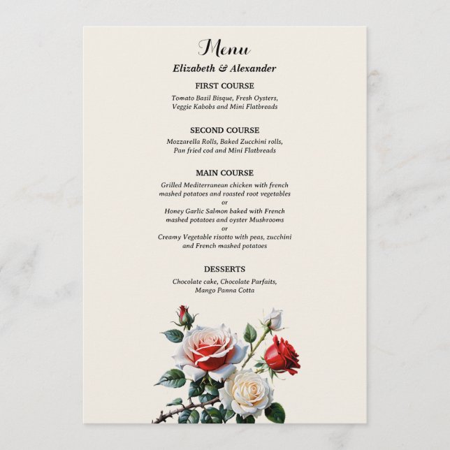 Mörk Söt rosa White röd ros blommigt bröllop Meny (Framsida)