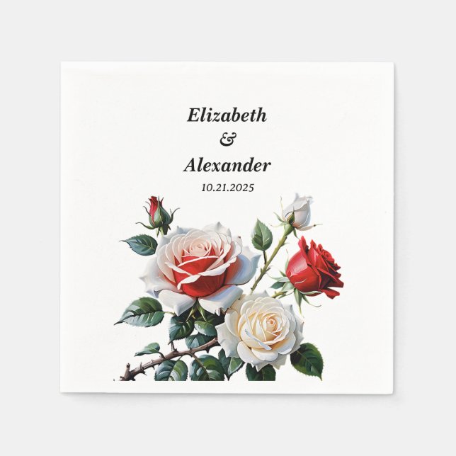 Mörk Söt rosa White röd ros blommigt bröllop Pappersservett (Framsidan)