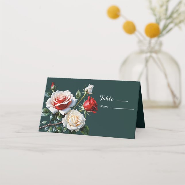 Mörk Söt rosa White röd ros blommigt bröllop Placeringskort (Framsida)
