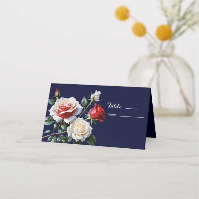 Mörk Söt rosa White röd ros blommigt bröllop Placeringskort (Framsida)