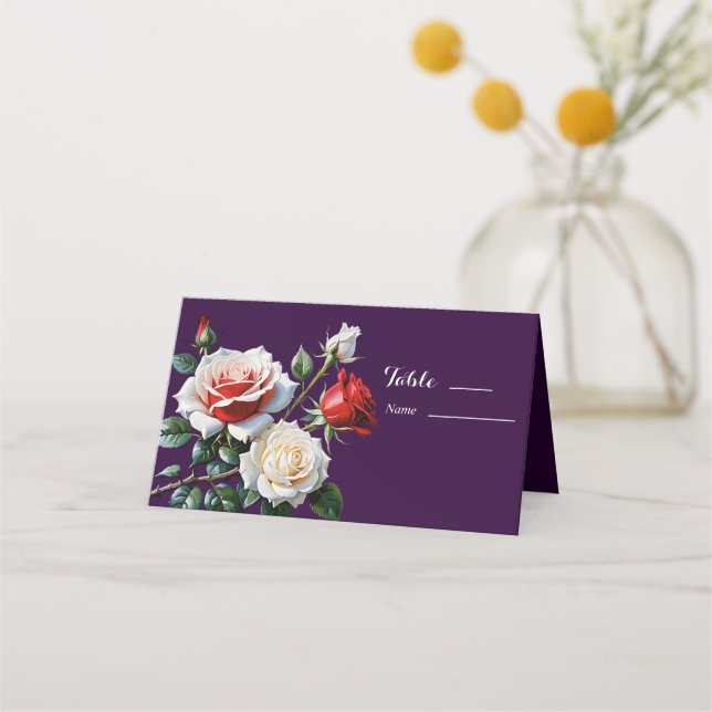 Mörk Söt rosa White röd ros blommigt bröllop Placeringskort (Framsida)