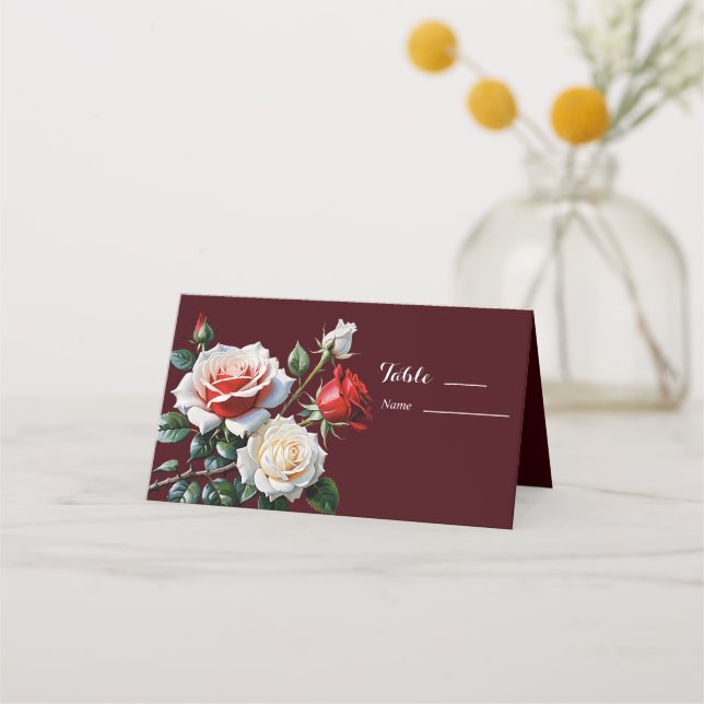 Mörk Söt rosa White röd ros blommigt bröllop Placeringskort (Framsida)