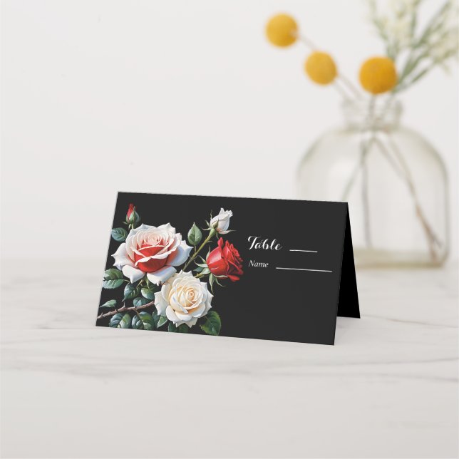 Mörk Söt rosa White röd ros blommigt bröllop Placeringskort (Framsida)
