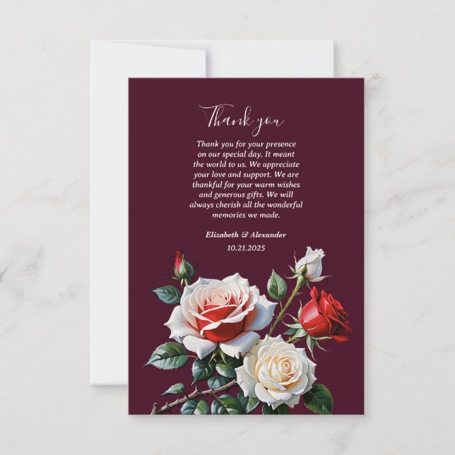 Mörk Söt rosa White röd ros blommigt bröllop Tack Kort (Framsida)