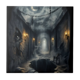 Mörk spöklik fantasy korridor med månbelyst himmel kakelplatta