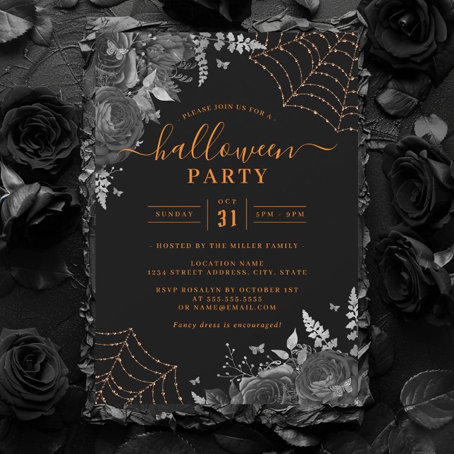 Mörk Spooky Blommigt Cobwebs Orange Halloween fest Inbjudningar (Skapare uppladdad)