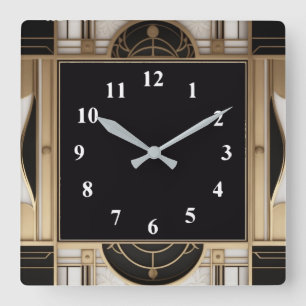 Mörk Square Art Deco Clock in Black White and Guld Fyrkantig Klocka