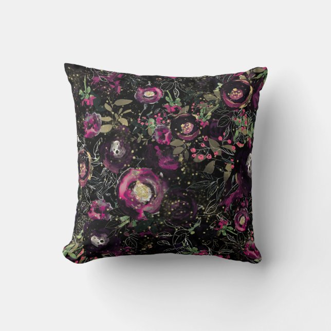 Mörk stämningsfull bärplommon glänsande blomster m kudde (Framsida)