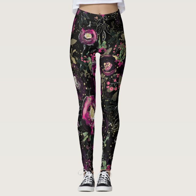 Mörk stämningsfull bärplommon glänsande blomster m leggings (Framsida)
