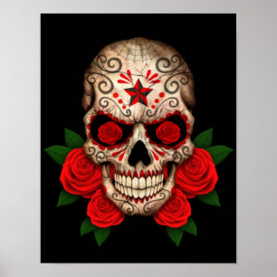 Mörk Sugar Skull med Röd ros Poster