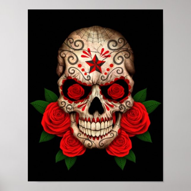 Mörk Sugar Skull med Röd ros Poster (Framsidan)