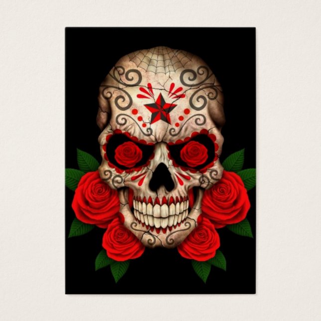 Mörk Sugar Skull med Röd ros Visitkort (Framsidan)
