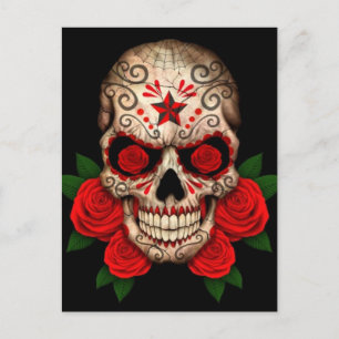 Mörk Sugar Skull med Röd ros Vykort