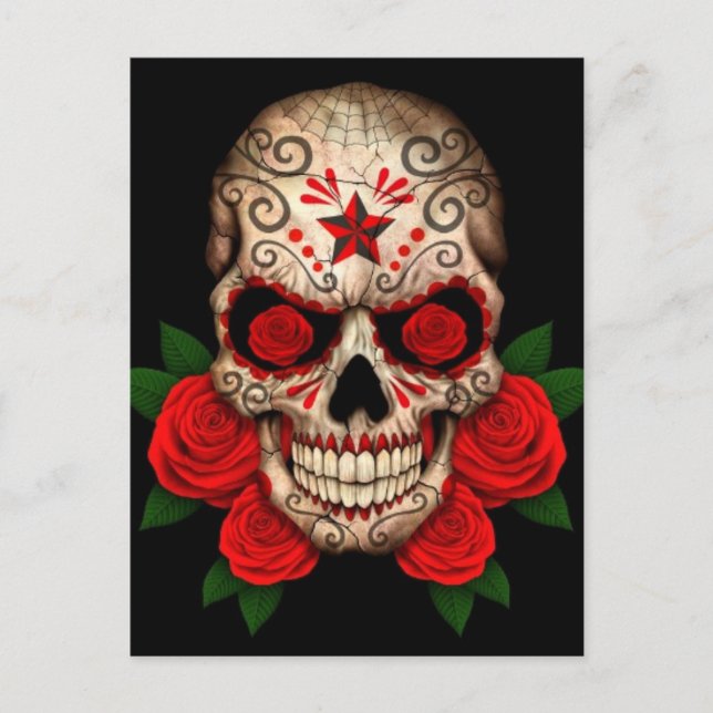 Mörk Sugar Skull med Röd ros Vykort (Framsida)
