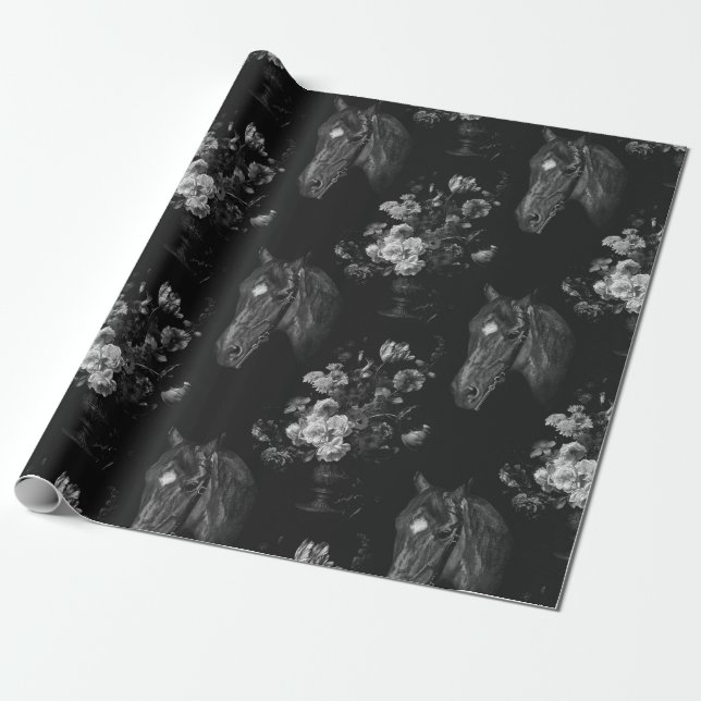 Mörk Svart Elegant Vintage Häst Blommig Presentpapper (Utrullad)
