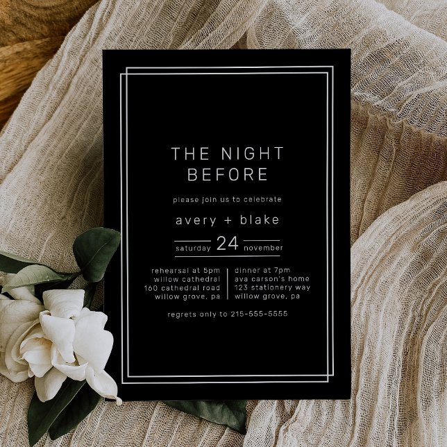 MÖRK Svart i måndags före repetitionsmiddagen Inbjudningar (AVERY Dark Black The Night Before Rehearsal Dinner Invitation)