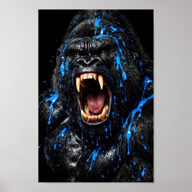 Mörk svart rytande gorilla blå färgsprut poster (Framsidan)