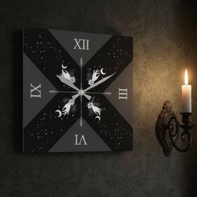 Mörk Svart Silver Häxlik Götisk Heminredning Fyrkantig Klocka (Introduce an element of mystery and gothic elegance with a stunning witchy clock)