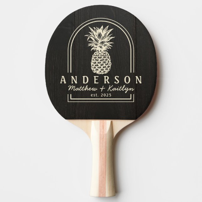 Mörk Svart Trä Ananas Bröllopsbåge & Namn Pingisracket (Framsidan)
