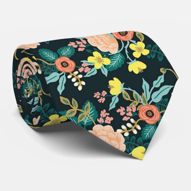 Mörk Svart Vild Blommigt Vattenfärgsbild Abstrakt  Slips (Rullad)