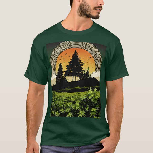 Mörk T-Shirt med Cannabis Backe Silhouette - (Framsida)