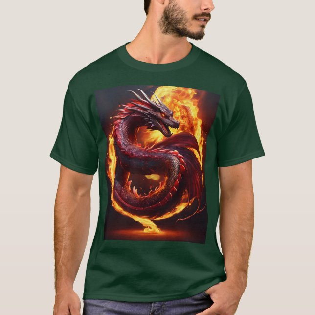 Mörk T-Shirt med Fiery Snake Dragon & Watercolor (Framsida)