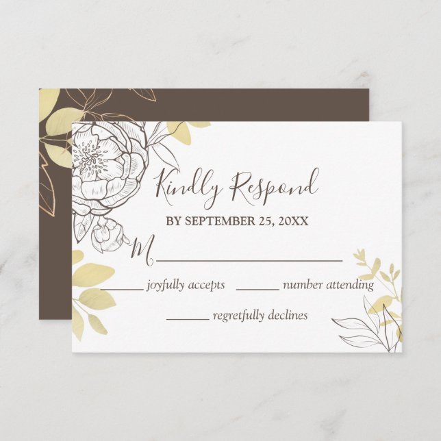 Mörk Taupe & Guld Peony Blommigt Bröllop OSA Card (Fram/baksida)