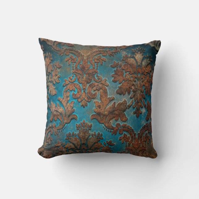 Mörk Teal and Patina Damask Kudde (Framsida)