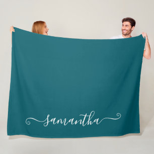 Mörk Teal and White Cute Namnteckning Namn Fleecefilt