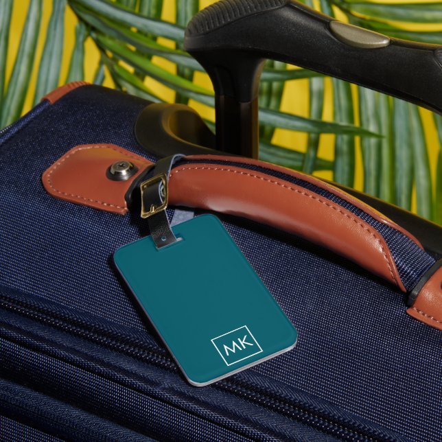 Mörk Teal and White Modern Monogram Bagagebricka (Framsida Insitu 1)