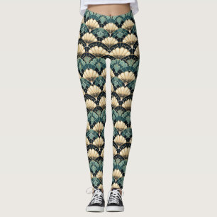 Mörk Teal Art Deco Scalloped Fläkt mönstrad Leggings