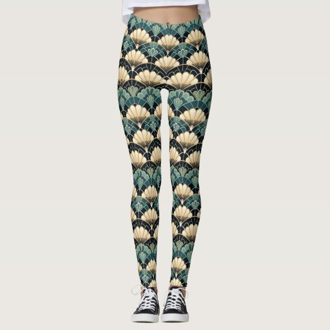 Mörk Teal Art Deco Scalloped Fläkt mönstrad Leggings (Framsida)