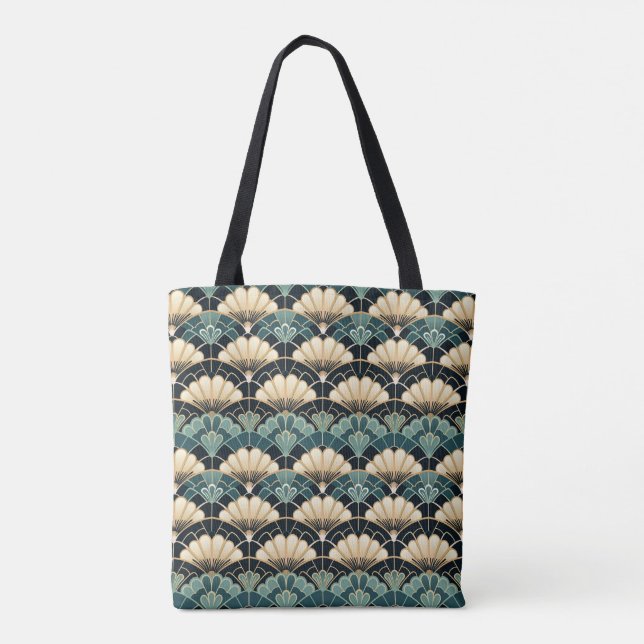 Mörk Teal Art Deco Scalloped Fläkt mönstrad Tygkasse (Baksida)