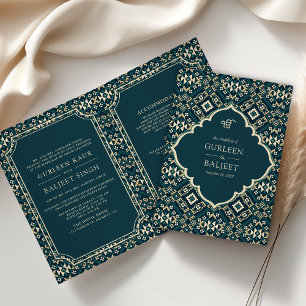 Mörk Teal Beige Geometrisk Allt-i-ett Sikh-bröllop Inbjudan