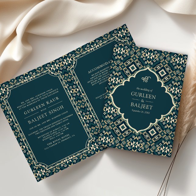 Mörk Teal Beige Geometrisk Allt-i-ett Sikh-bröllop Inbjudan (Skapare uppladdad)