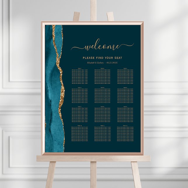 Mörk Teal Blå Guld Agat 12-Bord Bröllopsplatser Poster (Skapare uppladdad)