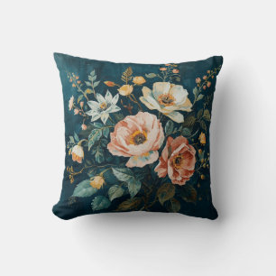 Mörk Teal Blå Orange Vintage Cottagecore Blommig Kudde