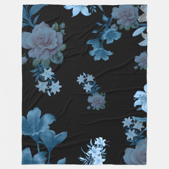 Mörk Teal & Blå Ros Blommig Mönster Fleecefilt (Framsidan)
