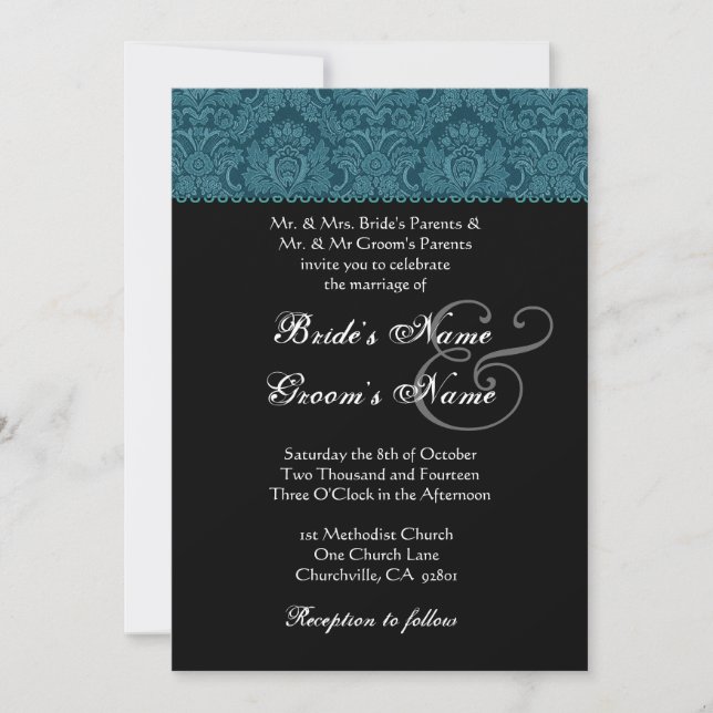 Mörk Teal Black White Damask Wedding bjudande Inbjudningar (Framsida)