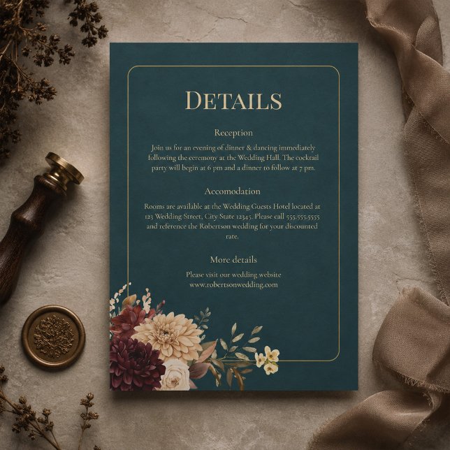 Mörk Teal Blommig Gotisk Bröllopsdetaljkort Inbjudningar (Dark Teal Floral Gothic Wedding Details Card)