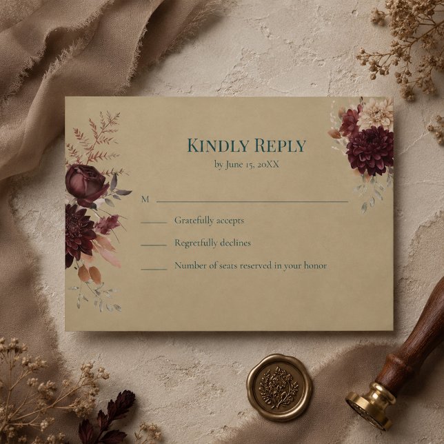 Mörk Teal Blommig Gotisk RSVP-kort OSA Kort (Dark Teal Floral Gothic RSVP Card)