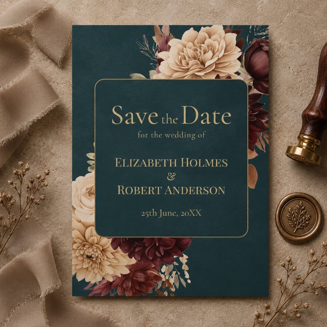 Mörk Teal Blommig Gotisk Spara Datum Inbjudningar (Dark Teal Floral Gothic Save the Date Invitation)