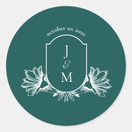 Mörk Teal Blommigt Bröllop Monogram Vapensköld Cla Runt Klistermärke