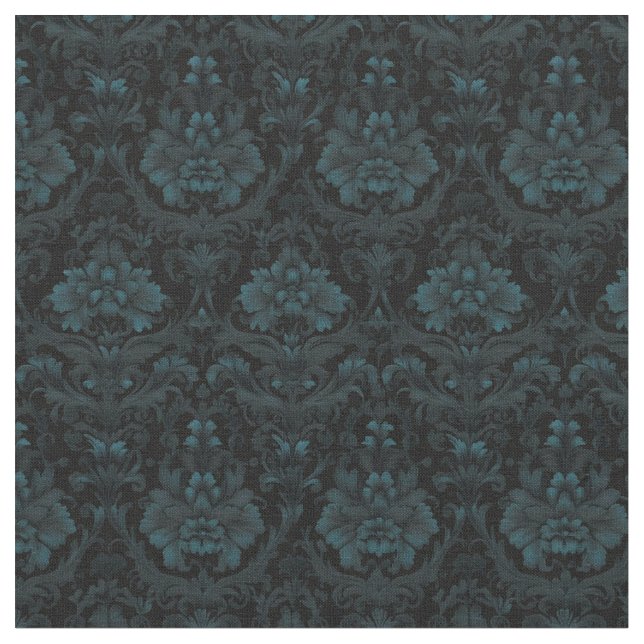 Mörk Teal Blommigt Damask on Black Tyg (Närbild)