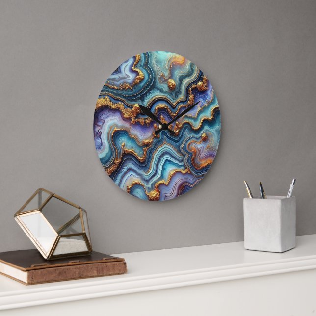 Mörk Teal Blue Amethyst Lila Guld Marble Mönster Stor Klocka (Kontor)