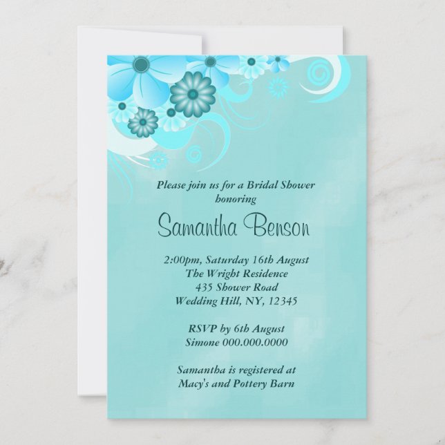 Mörk Teal Blue Blommigt Möhippa Inbjudan (Framsida)