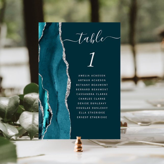 Mörk Teal Blue Silver Agate Bröllop Bordsnummer (Skapare uppladdad)