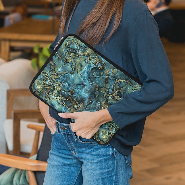 Mörk Teal Blue Turkvoise Faux Guld Agate Mönster Laptop Sleeve (Skapare uppladdad)